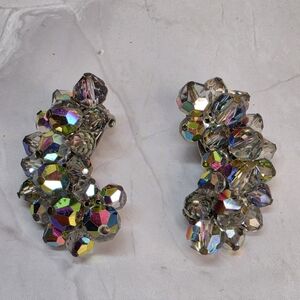 Vintage AB Crystal Cluster Clip Earrings Statement Sparkle